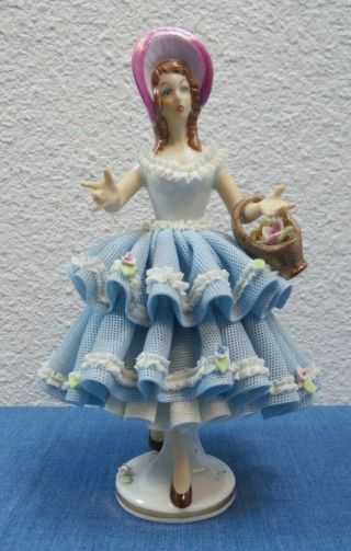 Vtg Dresden Sandizell Lace Figurine Lady Holding Flower Basket 6.  75 " Tall Rare