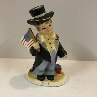 Vintage Lefton Japan July Birthday Boy Firecrackers American Flag Figurine