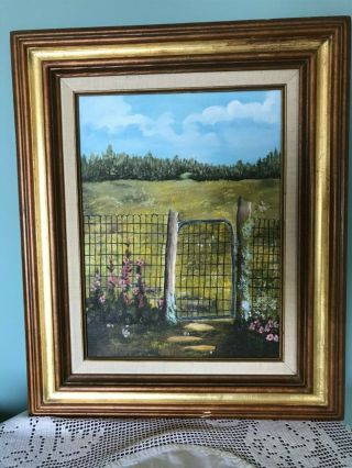 Vtg Oil Painting In Carved Wood Frame.  Farm Field Fence Hollyhocks Barbed Wire