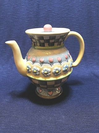 Vintage Novelty Mad Hatter Reminiscent Hearts Checker Flower Design Tea Pot 6 " T