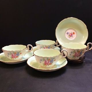 Set Of 4 Royal Grafton Tea Cup Saucer Green Floral Gilt England 1930s
