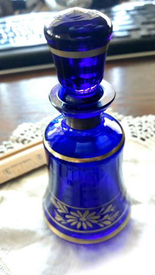 Vintage Art Deco Hand Blown Glass Perfume Bottle Cobalt Blue Fine Gold Overlay