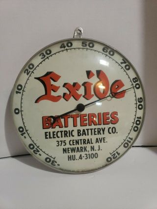Vintage Exide Batteries Round Thermometer Sign - Glass - 12 In - 1958 Pam Clock Co.