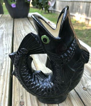 Vintage Black Ceramic Koi Fish Vase Happy Fish 6.  5 "