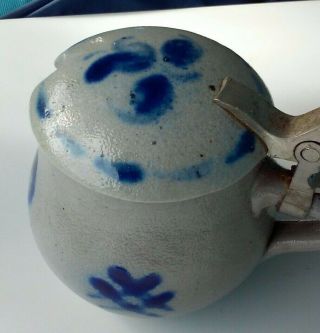 Antique Cobalt Blue Decorated Salt Glaze Stoneware 4 Oz.  Pot Pewter Mustard Jam