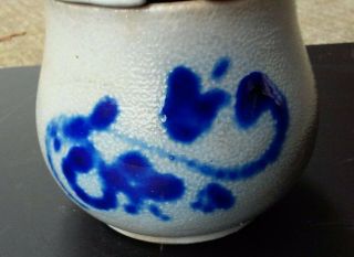 Antique Cobalt Blue Decorated Salt Glaze Stoneware 4 oz.  Pot Pewter Mustard Jam 3