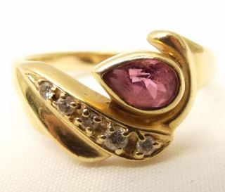 Vtg 14k Gold Pink Tourmaline & Diamond Ring Sz 6.  25 Estate Ornate Pear Cut