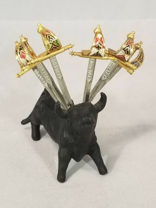 Vintage Metal Spanish Toledo Bull Sculpture With Sword Cocktail Picks Appetizers
