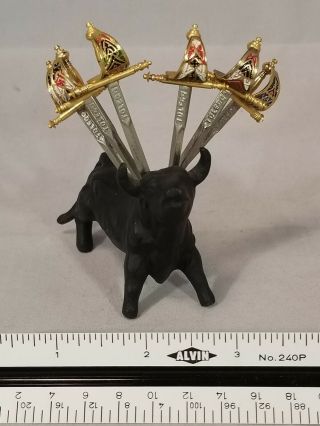 Vintage Metal Spanish Toledo Bull Sculpture with Sword Cocktail Picks Appetizers 2