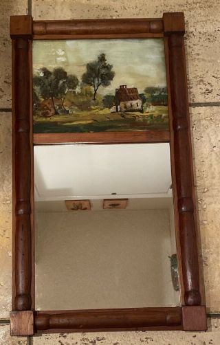 19thc Antique Victorian Wood Mirror With Old Reverse Landscape Painting On Glass