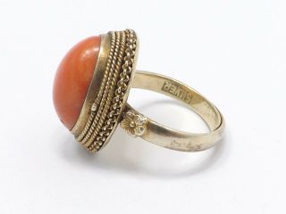 Vintage Chinese Export Silver Filigree Gold Washed Coral Ring,  Adjustable Band 2