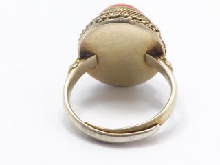 Vintage Chinese Export Silver Filigree Gold Washed Coral Ring,  Adjustable Band 3