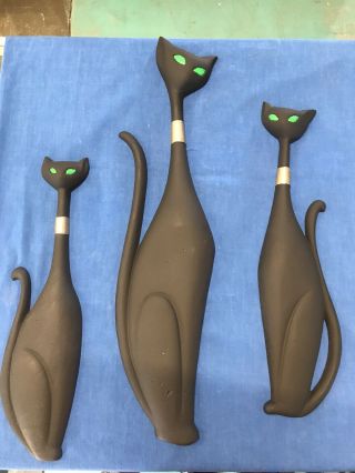 Vtg Mid Century Mcm Atomic Metal Sexton Set 3 Siamese Cats Wall Art Green Eye