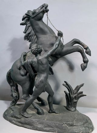 Lg 19thc Antique French Victorian Horse & Nude Man Groomer Coustou Mantel Statue