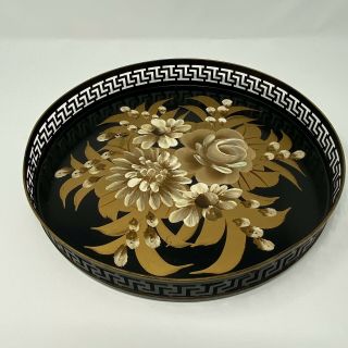 Vintage Tole Tray Floral Hand Painted Large Gold Ivory Tones 11.  5 " Round Metal