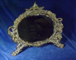 Antique 19c Victorian Cherubs Vanity Easel Mirror National Bronze & Iron