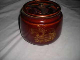 Vintage Primitive Pottery Crock Stoneware Bean Pot With Locking Lid Horses