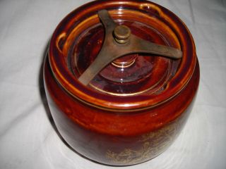 Vintage Primitive Pottery Crock Stoneware Bean Pot With LOCKING Lid HORSES 2