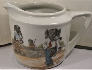 Rare Antique German Porcelain Cream Pitcher Jug Babar Elephant Play Tennis Golf