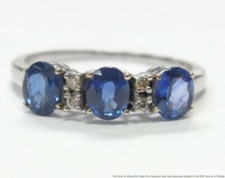Fine Blue Natural Sapphire Diamond White Gold Ring Vintage 3 Stone 6.  75