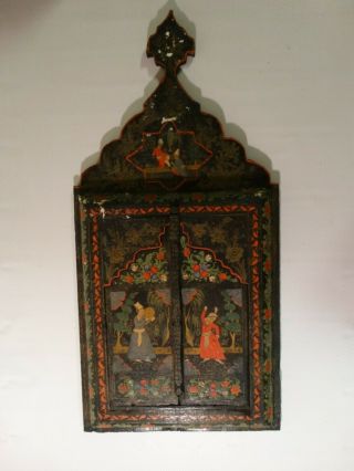 Antique 1920s Hand Painted Quajar Persian Wood Carved Shutter Mirror Wedding