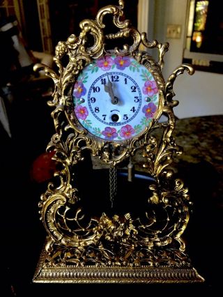 Vintage German Enamel Filigree Desk Clock.  Windup Key And Great.