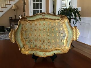 Vintage Italian Florentine Gold Gilt Wood Toleware Tray With Handles