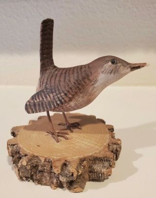 Vintage Clem Wilding Folk Art Wood Carved Wren Bird Sculpture