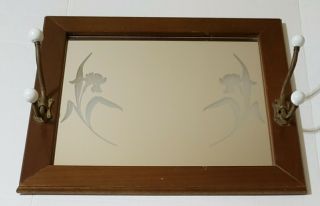 Vintage Lilies Etched Mirror With Brass Coat And Hat Hooks & Porcelain Knobs