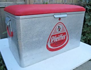 Vintage Pfeiffer Beer Cronstroms Aluminum Cooler Ice Chest Padded Seat Rare
