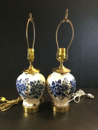 Pair Fine Delft Lamps Blue White Blue Onion Shape Brass Caps Bedroom Kitchen
