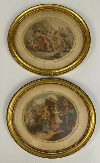 Set 2 Antique French? Aquatint Prints - C.  Knight Sculp Gilded Oval - Frame 10 3/8 "