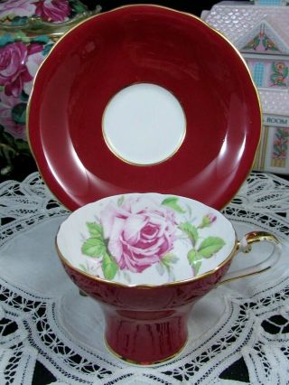 AYNSLEY PINK CABBAGE ROSE RICH RED CORSET STYLE TEA CUP AND SAUCER 2