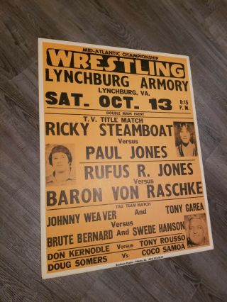 Vintage Nwa Mid Atlantic Wrestling Poster 1979 Lynchburg Va Steamboat Paul Jones