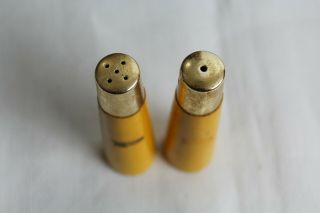 Vintage Mid Century Yellow Wood and Brass Salt and Pepper Shakers Retro 2