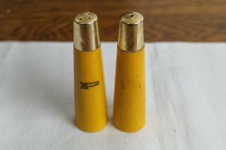Vintage Mid Century Yellow Wood and Brass Salt and Pepper Shakers Retro 3