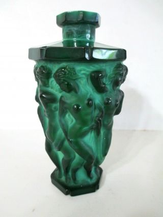 Vintage Bohemian Czech 1930 Malachite Art Deco Glass Perfume Bottle Flask With N