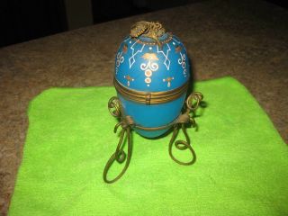 Antique French Blue White Opaline Glass Perfume Egg Jewelry Casket Holder Stand