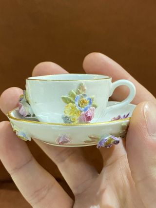 Antique Miniature Meissen Porcelain Flower Encrusted Cup And Saucer -