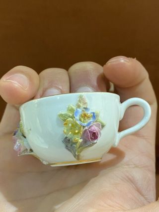 Antique Miniature Meissen Porcelain Flower Encrusted Cup And Saucer - 2