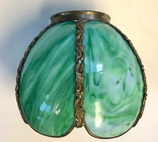 Antique Tiffany Style Green Swirl Slag Glass Tulip Lamp Shade Brass Floral
