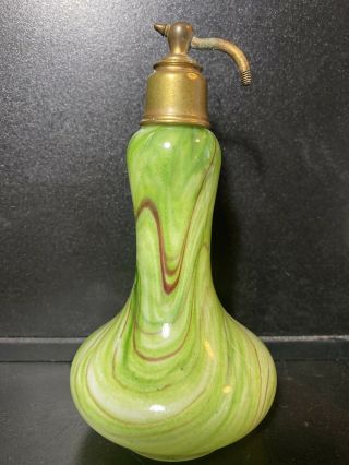Antique Czechoslovakia Green Art Glass Perfume Bottle Atomizer