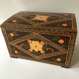 Vtg Hand Painted Wooden Box Hinged Chest Small Trunk Folk Art Wood 11x7 Flowers