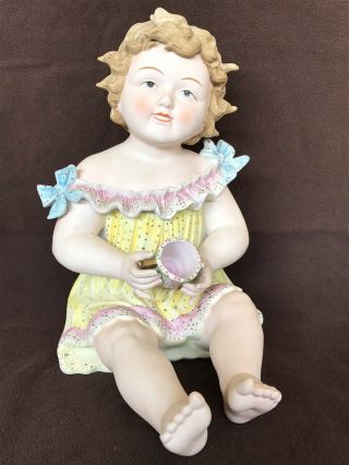 Vintage Andrea Bisque Porcelain Piano Baby Girl Figurine 12” W/cup 6111x
