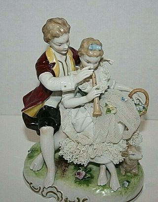 Vintage Unterweissbach Germany Lace Dresden Porcelain Lovers Figurine Flute Play