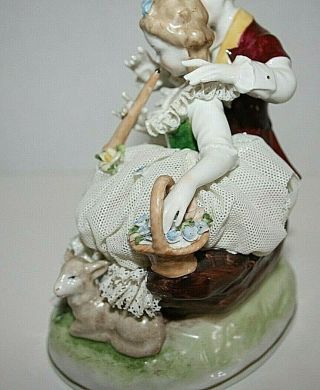 Vintage Unterweissbach Germany Lace Dresden Porcelain Lovers Figurine Flute Play 3