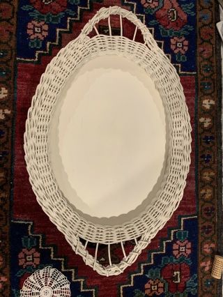 Vintage Rare White Wicker Oval Handled Serving Tray
