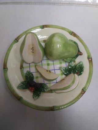 Bella Casa By Ganz 3d Pear Plate Real Fruit Size Green Gingham Decor 8 "