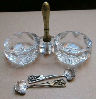 Antique Cristal (saint - Louis) Open Salt Cellar,  2 Art Nouveau Spoons