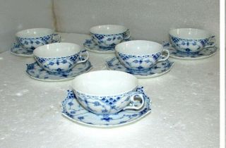 Vintage Royal Copenhagen Blue Fluted Full Lace Flat Six Cups Saucers